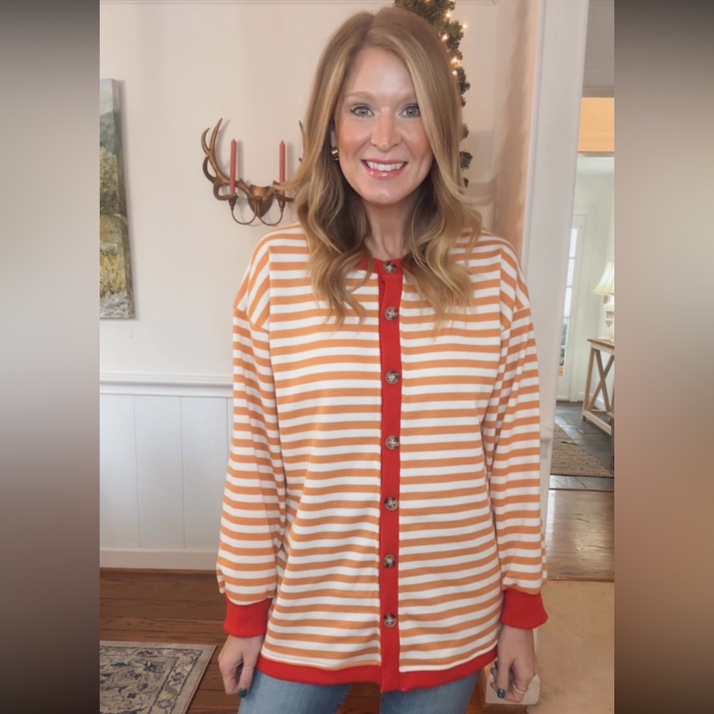 Amazon Women's Orange and White Striped Cardigan - never worn